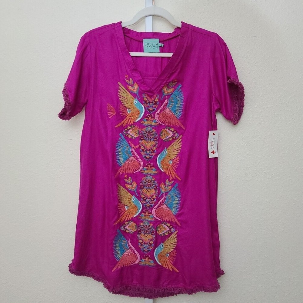 Judith March Women's Shift Dress Size S Embroidered Fuchsia Fringe Hem NWT